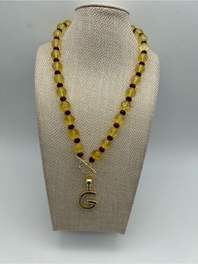 Gold-Tone Initial 'G' Pendant Necklace with Yellow and Brown Beads